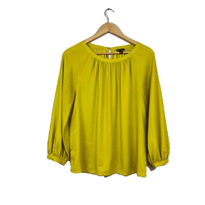 Ann Taylor Crew Neck 3/4 Lantern Sleeve Blouse Size M Shirred Gathering Yellow